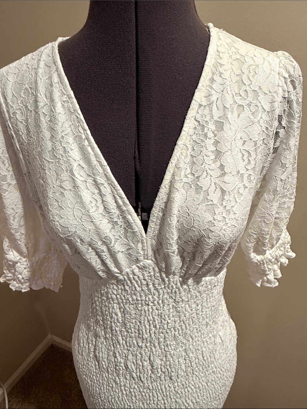 Simplee Apparel White Lace Smocked Midi Dress with Ruffle Hem - Picture 6 of 9
